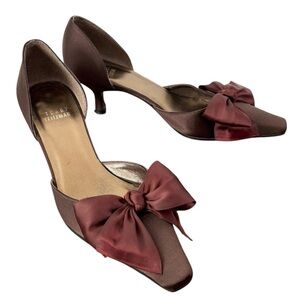 Stuart Weitzman Pointed Tow Satin Kitten Heels with Red Bow